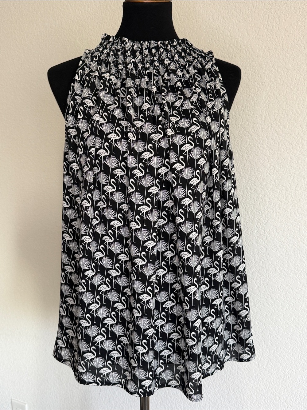 LOFT Black and White Flamingo Print Smocked Neck Sleeveless Blouse
